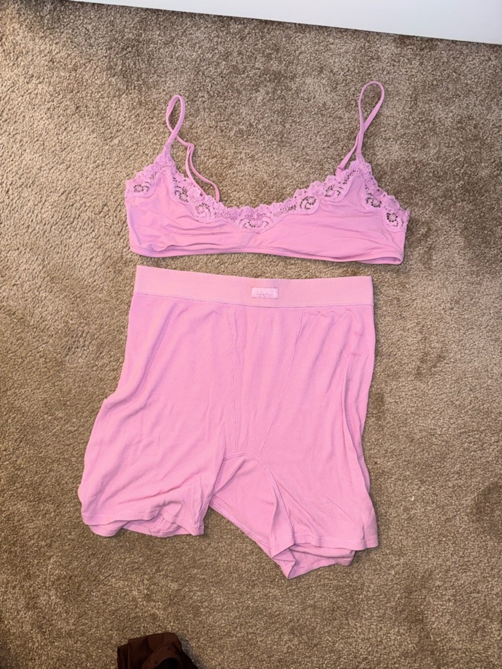 SKIMS Pink Lace-Trim Bralette & High-Waist Shorts Set